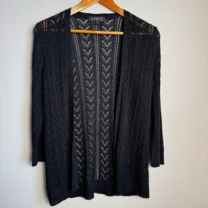 August Silk Women's Sheer Knit 3/4 Sleeve Open Front Cardigan Cover-up Black M